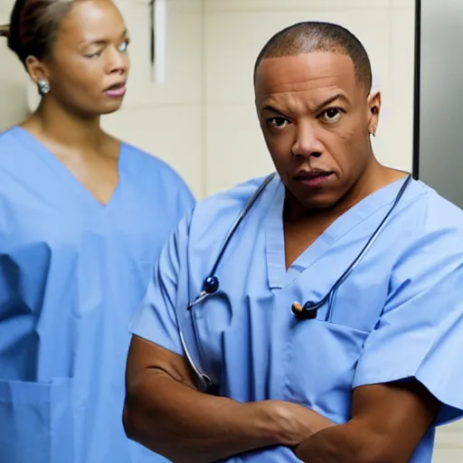 Prompt: Dr. Dre in surgeon scrubs in an emergency room