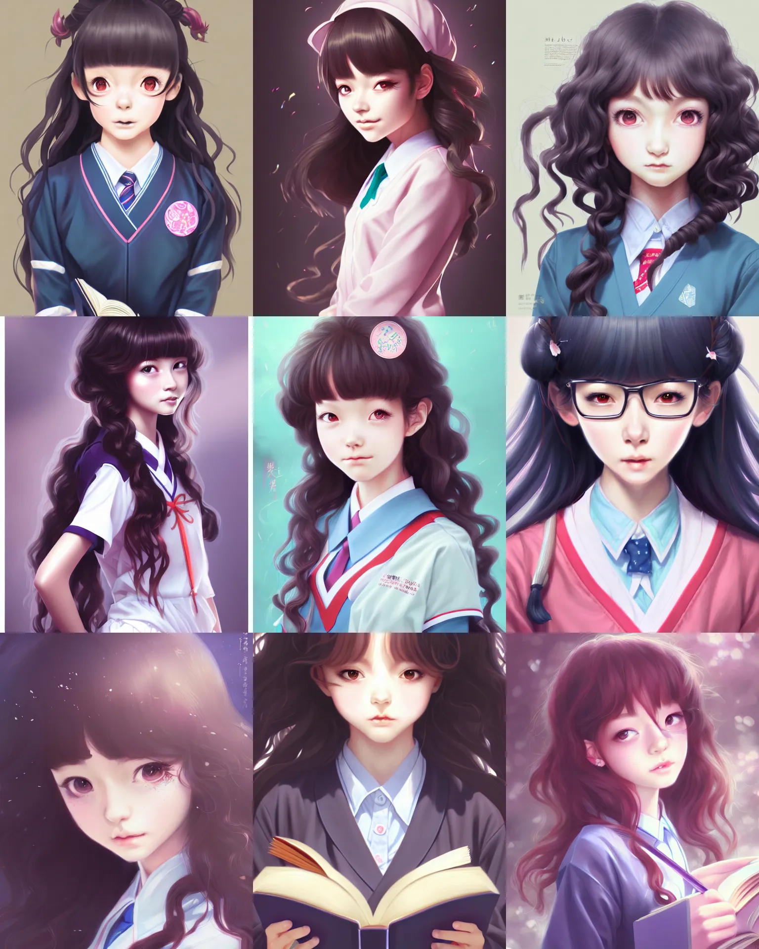 Prompt: innocent young teen girl, magical school student japanese uniform, curly dark hair, library books, highly detailed, digital painting, trending on artstation, pixiv, concept art, sharp focus, illustration, art by Ross Tran