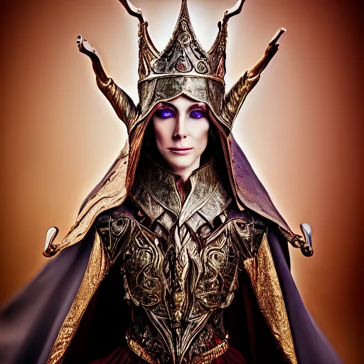 Image similar to photo of a beautiful elven queen queen with ornate crown and cloak, telephoto lens, incredibly detailed, 8k, HDR, studio