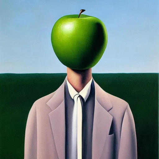 Image similar to a painting of a man with a green apple on his face, a surrealist painting by rene magritte, cg society, pop surrealism, surrealist, oil on canvas, academic art