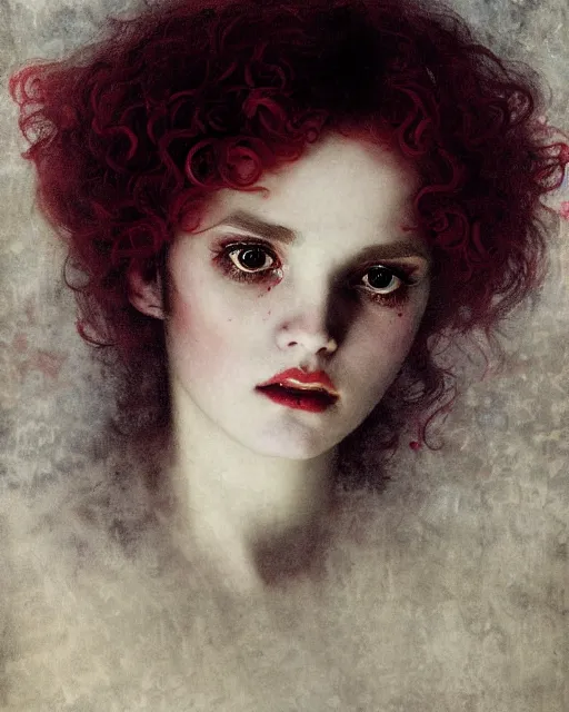 Prompt: a beautiful but sinister girl in layers of fear, with haunted eyes and curly hair, 1 9 7 0 s, seventies, delicate embellishments, a little blood, crimson, painterly, offset printing technique, by alexandre cabanel, mary jane ansell