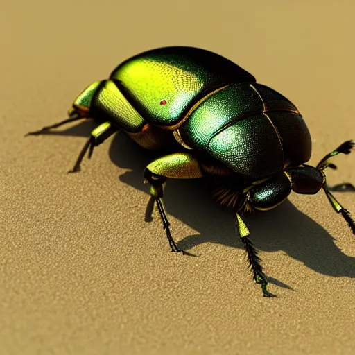 Image similar to a detailed hyper realistic scarab beetle on sand rendering with eyes and thorax macro lens, insect photography, pyramid or egyptian architecture backgroundtrending on artstation, octane render bloom v8 cinema 4d depth of field filmic 8k