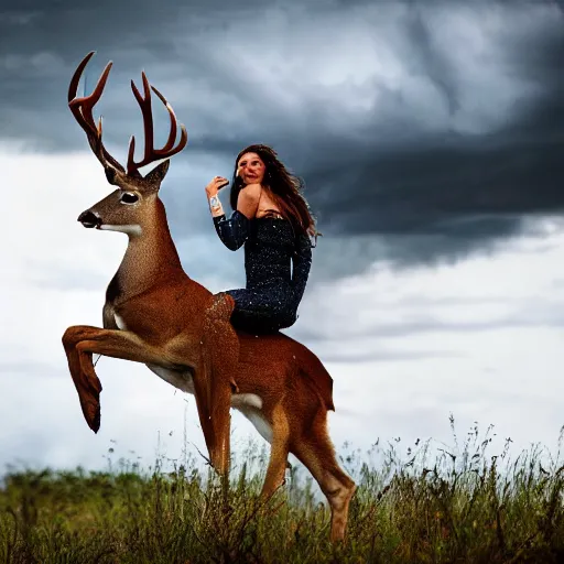 Image similar to 4 k hdr wide angle detailed portrait of a beautiful instagram model woman riding on top of a wild buck deer in a rain shower during a storm with thunder clouds overhead and moody stormy lighting sony a 7