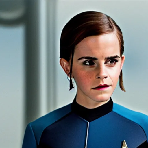 Prompt: Emma Watson in Star Trek, XF IQ4, f/1.4, ISO 200, 1/160s, 8K, Sense of Depth, color and contrast corrected, unedited, RAW, Dolby Vision, symmetrical balance, in-frame
