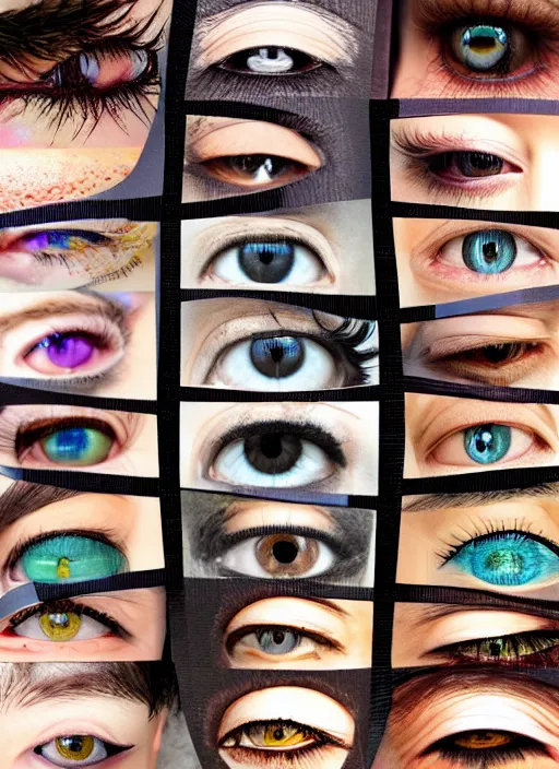 Prompt: grid montage of eyes, detailed colored textures, eyelashes, advanced art, art styles mix, from wikipedia, wet reflections in eyes, sunshine light, hd macro photograph, from side, various eyelid positions, black pupil centered