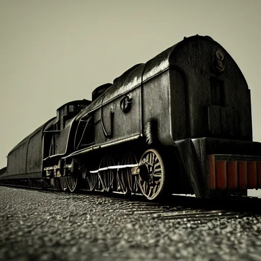 Prompt: locomotive from front view. black metal. nightmarish, horrific, scary, atmospheric, epic scene, unreal engine render, octane render