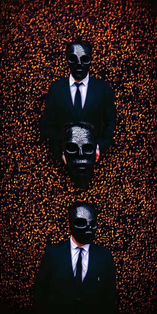 Image similar to sharp portrait of a man in a suit with a face made of black shiny leather standing in los angeles with blured crowd of zombies on a background, bokeh, detailed, film photography, kodak portra 4 0 0, mamiya,