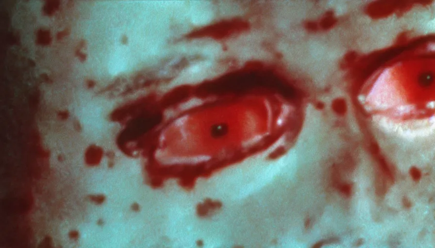 Image similar to 7 0 s film still from a horror movie of a young adult with toenails for eyelids, kodachrome, cinecolor, cinestill, photorealism, cinematic, film grain, film texture, vhs recording