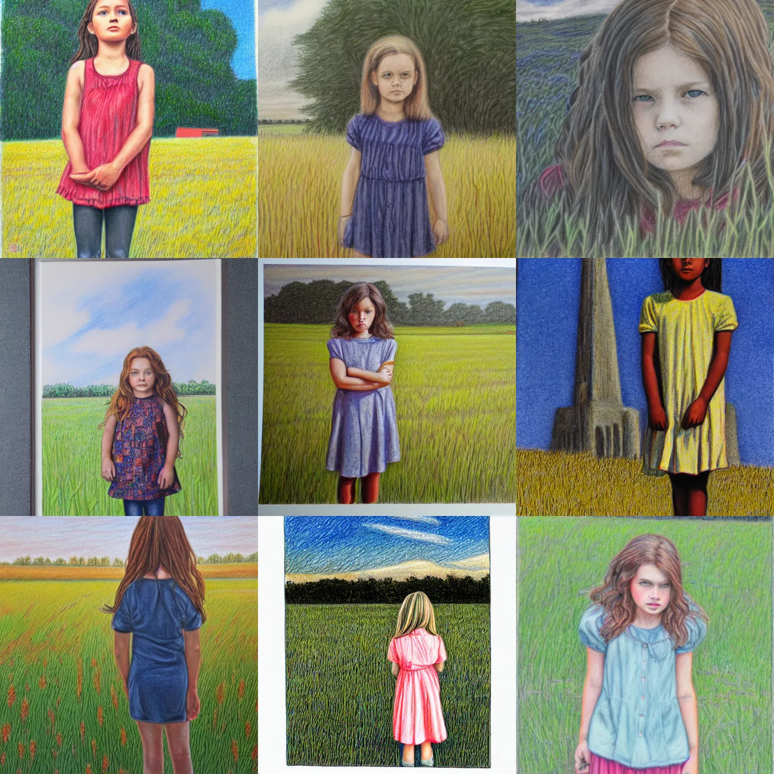 Prompt: monumental, imposing, portrait colored pencil drawing of curious girl standing in field looking at camera.