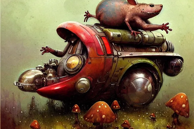 Image similar to adventurer ( ( ( ( ( 1 9 5 0 s retro future robot mouse amphibious vehical home. muted colors. mushrooms ) ) ) ) ) by jean baptiste monge!!!!!!!!!!!!!!!!!!!!!!!!! chrome red