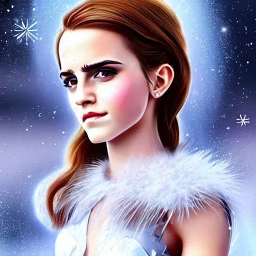 Image similar to Portrait shot of Emma Watson as the Queen of Ice, Ice crystal armor, snow falling, concept art, 4k, digital art, trending on art station, hd, doll, colorful backdrop, 3d anime