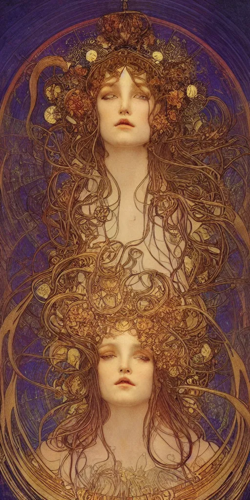 Image similar to portrait burning saint face, venus, athena, halo, by alphons mucha and annie swynnerton and jean delville, strong dramatic cinematic lighting, ornate headdress, flowing robes, spines, flowers, stars, lost civilizations, smooth, sharp focus, extremely detailed, marble, molten gold, space