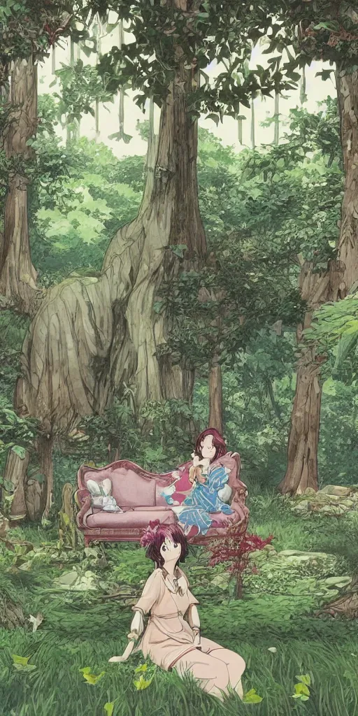 Image similar to the queen of good vibes sitting by herself on a sofa in a forest, drawn by CloverWorks, intricate detail, elegant, beauty