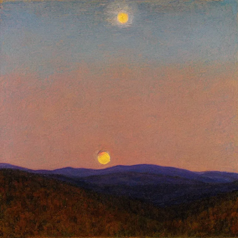 Image similar to vermont mountains, supermoon, clear sky, twilight, abbott handerson thayer oil painting, pale blue palette