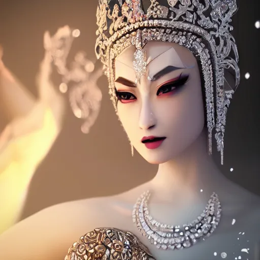 Prompt: portrait of wonderful asian princess of white diamond with fair skin, ornate with white diamonds, 8 k, gorgeous, intricate, hyper detailed, glowing white accent lighting, dramatic lighting, octane render