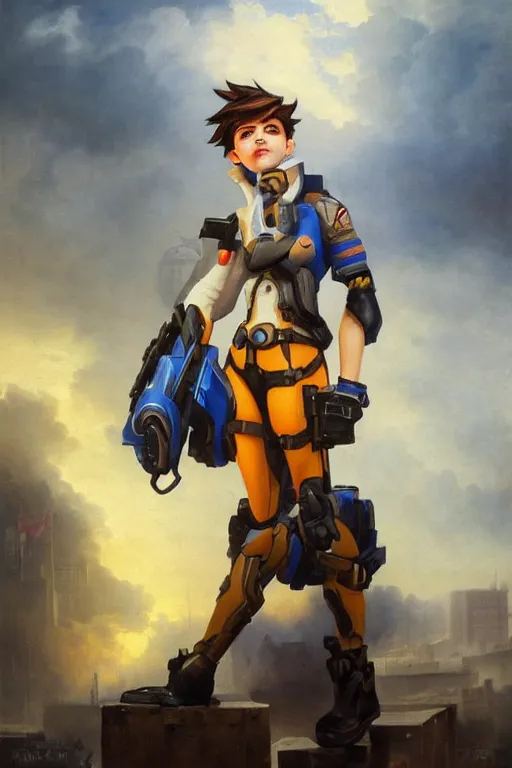 Image similar to oil painting of tracer overwatch in a dystopian city wearing blue uniform, in style of ivan aivazovsky, expressive face, detailed face, detailed eyes, full body, feminine face, tracer overwatch,