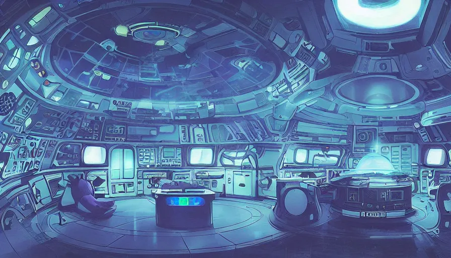 Prompt: a space ship circular medic room with bright holodesk in the center showing a blue hologram of a solar system, dark people discussing, contrasted light, clair obscur, illustration, clean lines, star wars vibe, by sead mead, by feng zhu!!! by moebius, vivid colors, spectacular cinematic scene