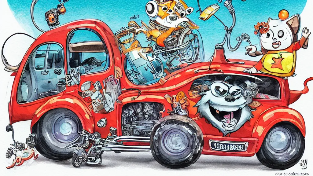 Image similar to cute and funny, racoon riding in a tiny hot rod coupe with oversized engine, ratfink style by ed roth, centered award winning watercolor pen illustration, by chihiro iwasaki and james nyika, edited by range murata