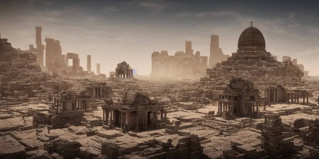 Prompt: ancient urban city view, building, desert, temple, cinematic composition, mist, obscure render light dark