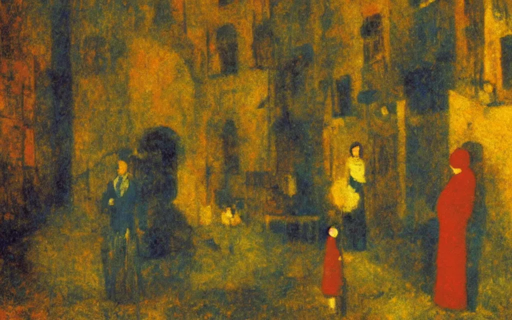 Image similar to surreal movie still from the triplets of belleville, award winning oil painting by odilon redon, chromatic aberration