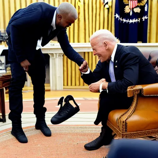 Prompt: Kanye West throwing a shoe at Joe Biden in the oval office