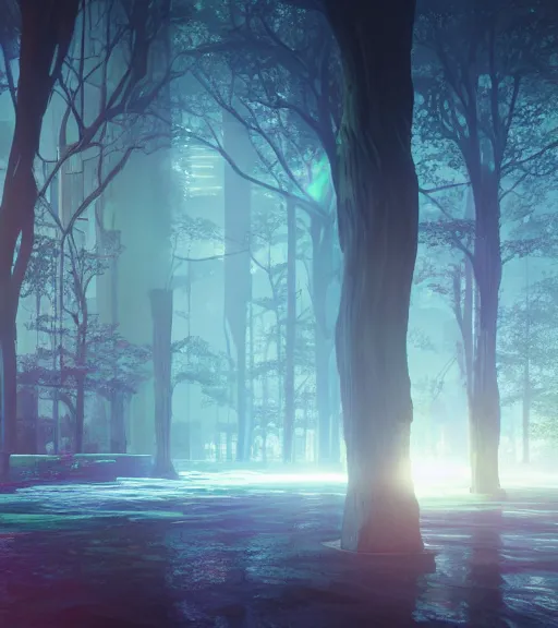 Prompt: symmetric daydreaming of the sun glare, fluidity dance of the blockchain sheets in the air, cyberpunk forest, majestic light, octane render, beauty fog, ethereal glare of the sun, raining rainbow, volumetric lighting, hyperealistic, epic, masterpiece