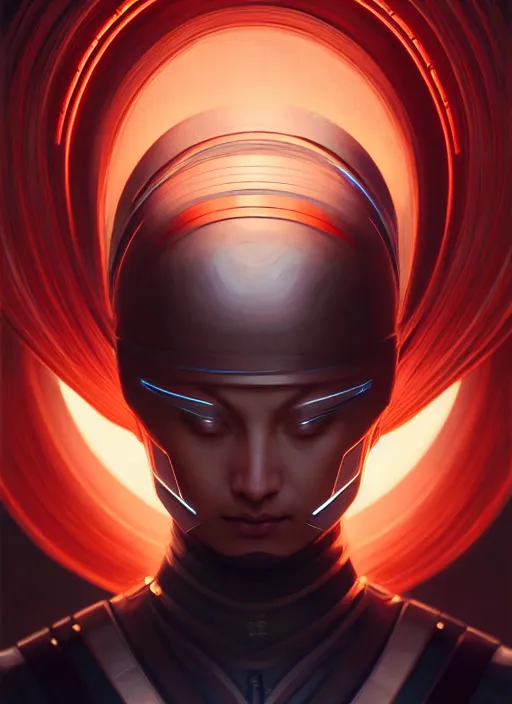 Image similar to symmetry!! portrait of futuristic samurai, sci - fi, tech wear, intricate, elegant, highly detailed, hyperrealistic, digital painting, artstation, cinematic lighting, concept art, smooth, sharp focus, illustration, art by artgerm and greg rutkowski and alphonse mucha, 8 k