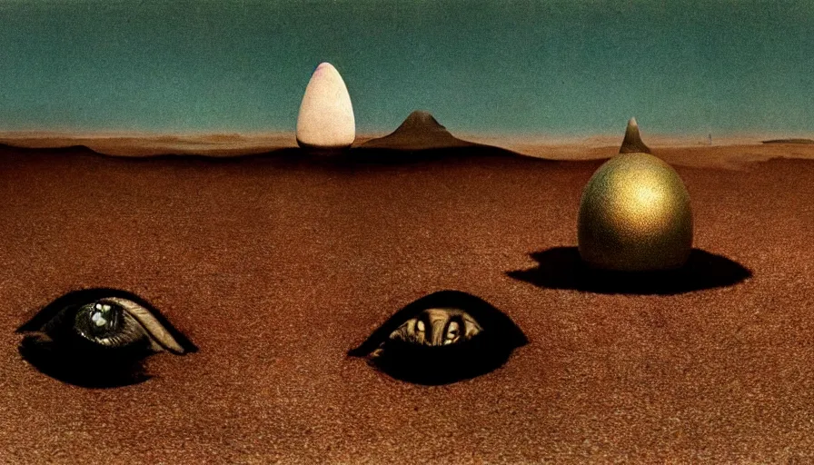 Image similar to glowing bene gesserit in full - face golden glowing mask meet salvador dali in a black rocky desert landscape with alienabandoned city beneath the sand and giant alien spaceship in the sky attacks the earth by christopher doyle and alejandro jodorowsky, anamorphic lens, kodakchrome, cinematic composition, very detailed photo, 8 k,