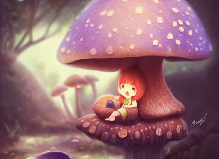 Image similar to a cute creature sitting next to a mushroom concept portrait, detailed, sharp focus, pastel, intricate, realistic, smooth, volumetric lighting, digital painting, by miyazaki