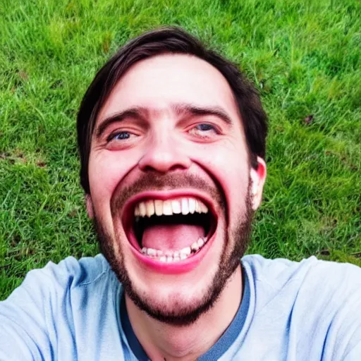 Prompt: photo of an extremely happy person eating dirt