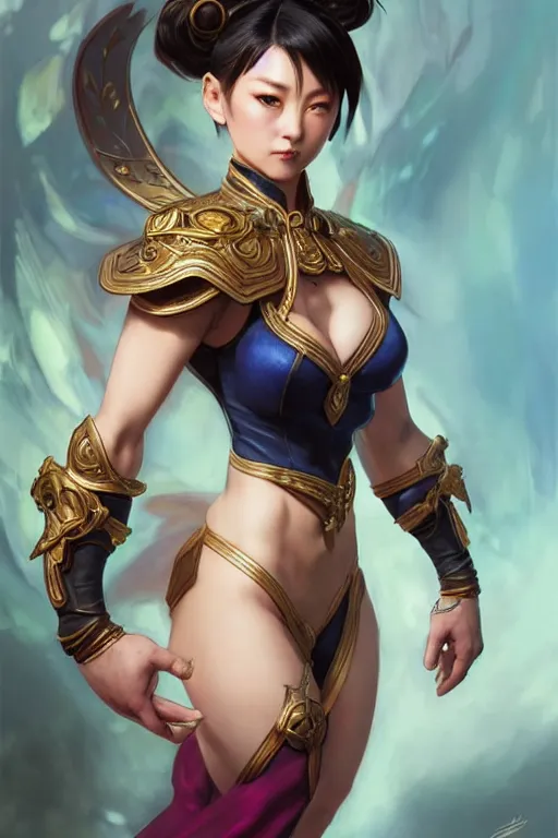 Image similar to beautiful chun li, full body shot, d & d, fantasy, intricate, elegant, highly detailed, digital painting, artstation, concept art, matte, sharp focus, illustration, hearthstone, art by artgerm and greg rutkowski and alphonse mucha