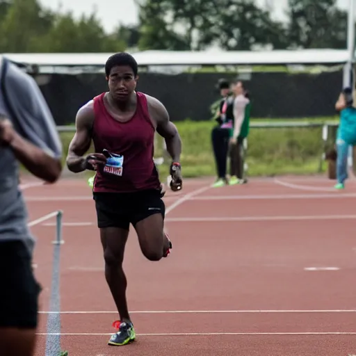 Prompt: photograph of an male runner athlete being chased by Zombies in the background. Track and field event. DSLR Photography