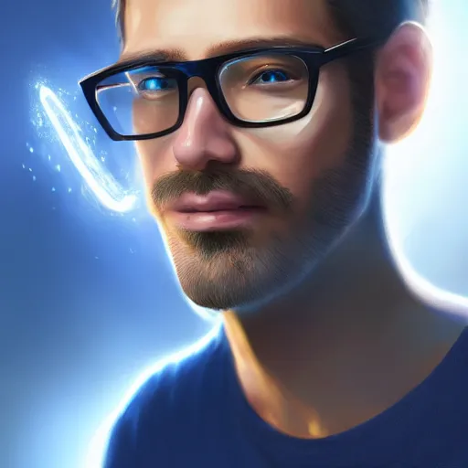 Prompt: Man from frog perspective in his 30s, light brown hair and salt-and-pepper hair with a short beard, thick dark glasses, blue eyes, big nose, wearing a shirt and a jean, holding a hammer digital painting, 4k, rays of light, particles light, by Ross Tran