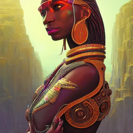 Image similar to highly detailed portrait of an african neon egyptian goddess, intricate alien technology, stephen bliss, unreal engine, fantasy art by greg rutkowski, loish, rhads, ferdinand knab, makoto shinkai and lois van baarle, ilya kuvshinov, rossdraws, tom bagshaw, global illumination, radiant light, detailed and intricate environment