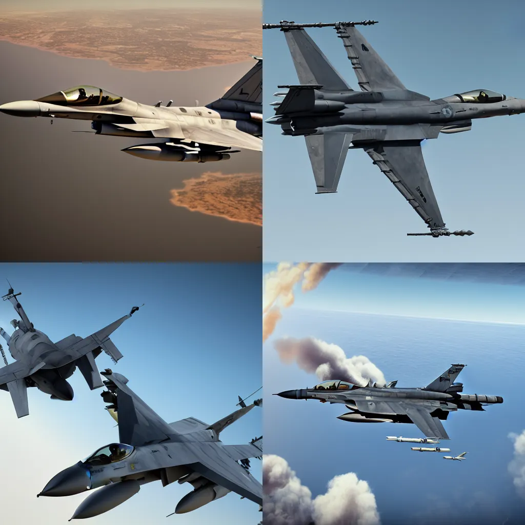 Prompt: f - 1 6 dogfighting, hyprrealistic, unreal engine, 8 k, render, extremely detailed, sharp focus, award - winning photograph, fighter jet, octane render, beautiful composition, masterpiece