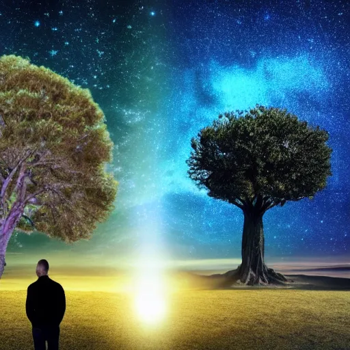 Prompt: a human man standing next to a cosmic tree, a sense of awe, amazement, monogon, plasma display, damascus, morph, in a symbolic and meaningful style