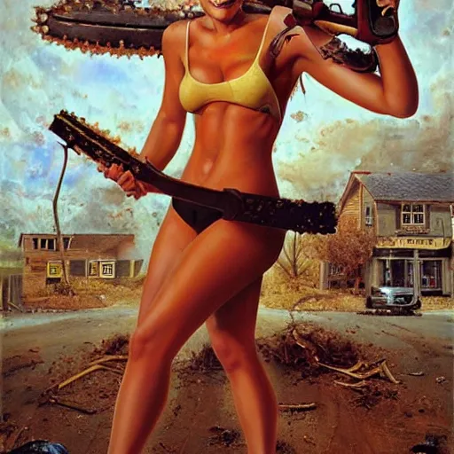 Image similar to bar refaeli with an unhinged expression, holding a chainsaw, by normal rockwell and michael cheval