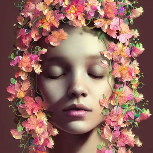 Prompt: colourful vfx art - portrait of a beautiful girl wrapped in flowers & vines, art by hsiao - ron cheng & james jean, volumetric light, ray tracing, sharp, detailed, digital painting, illustration, highly detailed, intricate detail, unreal engine, octane render, pinterest, behance, art station,