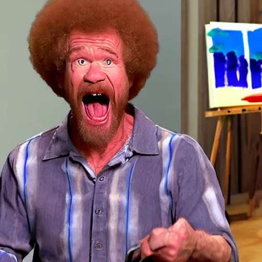 Image similar to insanely angry bob ross screaming at painting mistake