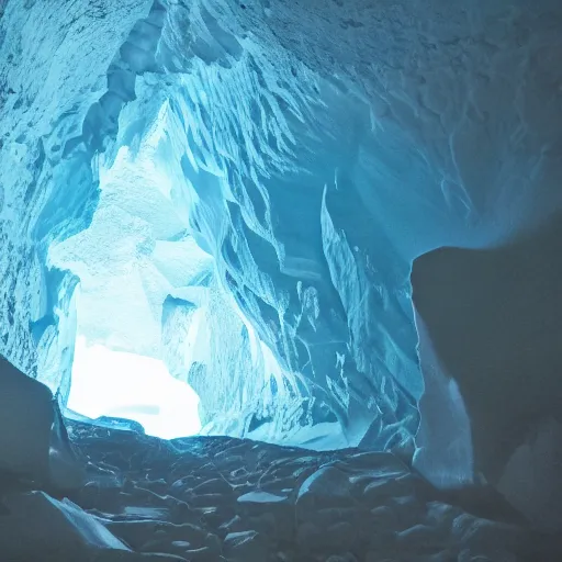 Image similar to deep dark glacier cave, faint blue glow,