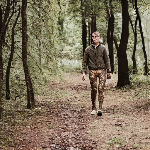 Prompt: photograph of half man half deer walking through the forest