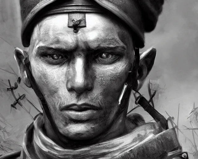 Image similar to A soldier cat warrior in world war one, close-up, realistic face, sharp facial features, mature facial features, black and white, amazing digital art, hyper detailed, artstation, in the style of Tony Sart