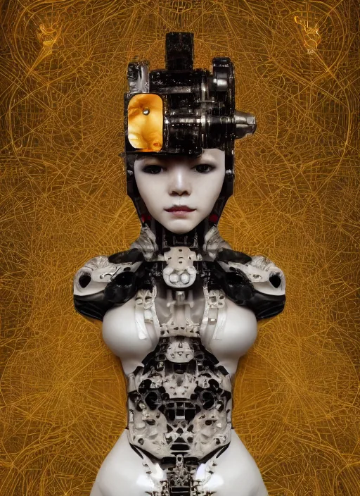 Image similar to portrait of a futuristic geisha cyborg, made from mechanical parts, kintsugi, modern fine art, fractal, intricate, elegant, highly detailed, digital photography, subsurface scattering, in the style of ghost, by jheronimus bosch and greg rutkowski,