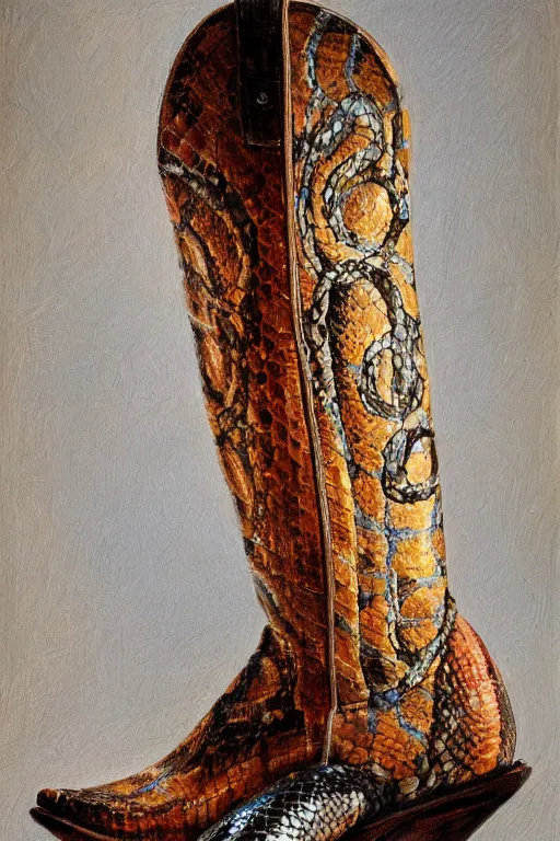 Image similar to cowboy boot with a snake coming out of it, oil on canvas, intricate, 8 k highly professionally detailed, hdr, cgsociety