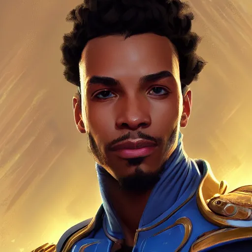 Image similar to closeup portrait of lucio from overwatch, d & d, fantasy, intricate, elegant, highly detailed, digital painting, artstation, concept art, matte, sharp focus, illustration, hearthstone, art by artgerm and greg rutkowski and alphonse mucha