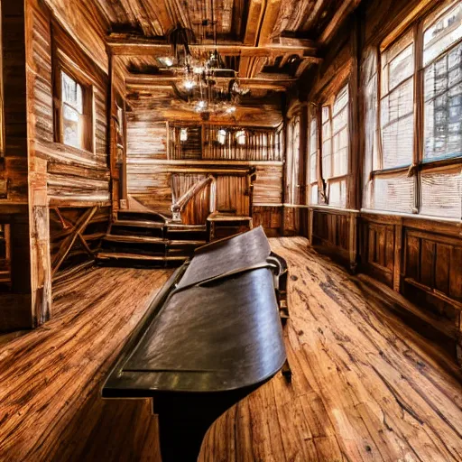 Prompt: Empty Old West Saloon at the break of day with a Grand Piano and Staircase, dust particles in the air, god beams coming through the windows, hyper realistic, HD, DLSR Camera