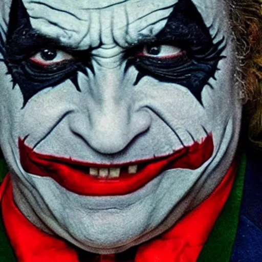 Image similar to Danny Devito as The Joker, still image from Batman movie, shot of face