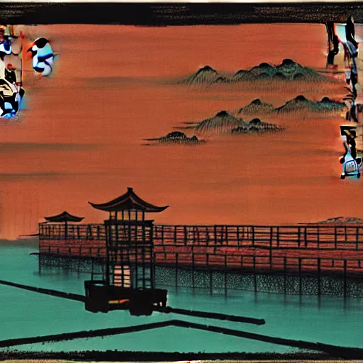 Prompt: a chinese prison near a river by peter doig and ukiyo - e, muted colors