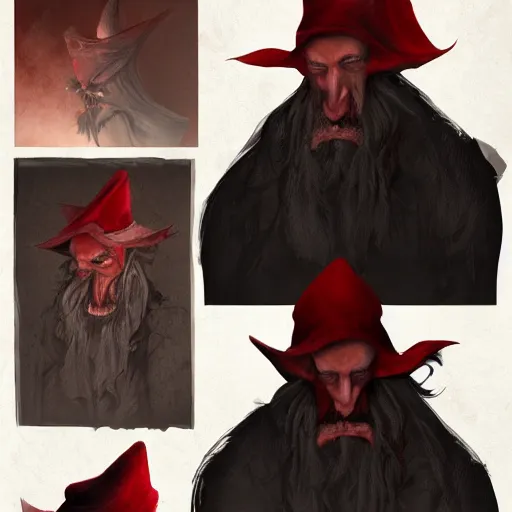 Image similar to A character study of an evil sorcerer, he has a red hat, concept art by Guillaume Menuel, character design, high detail, fantasy art
