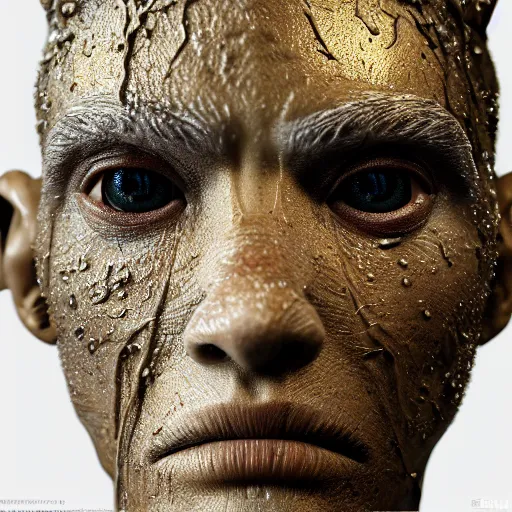 Image similar to photo taken of an epic intricate, ultra detailed, super realistic gritty, wet, lifelike sculpture of an humanoid android creature with bioluminescent patches of skin created by weta workshop, zoomed in shots, subsurface scattering, photorealistic, sharp focus, white wall coloured workshop, cold colour temperature, f 0. 4, face centred, golden ratio,